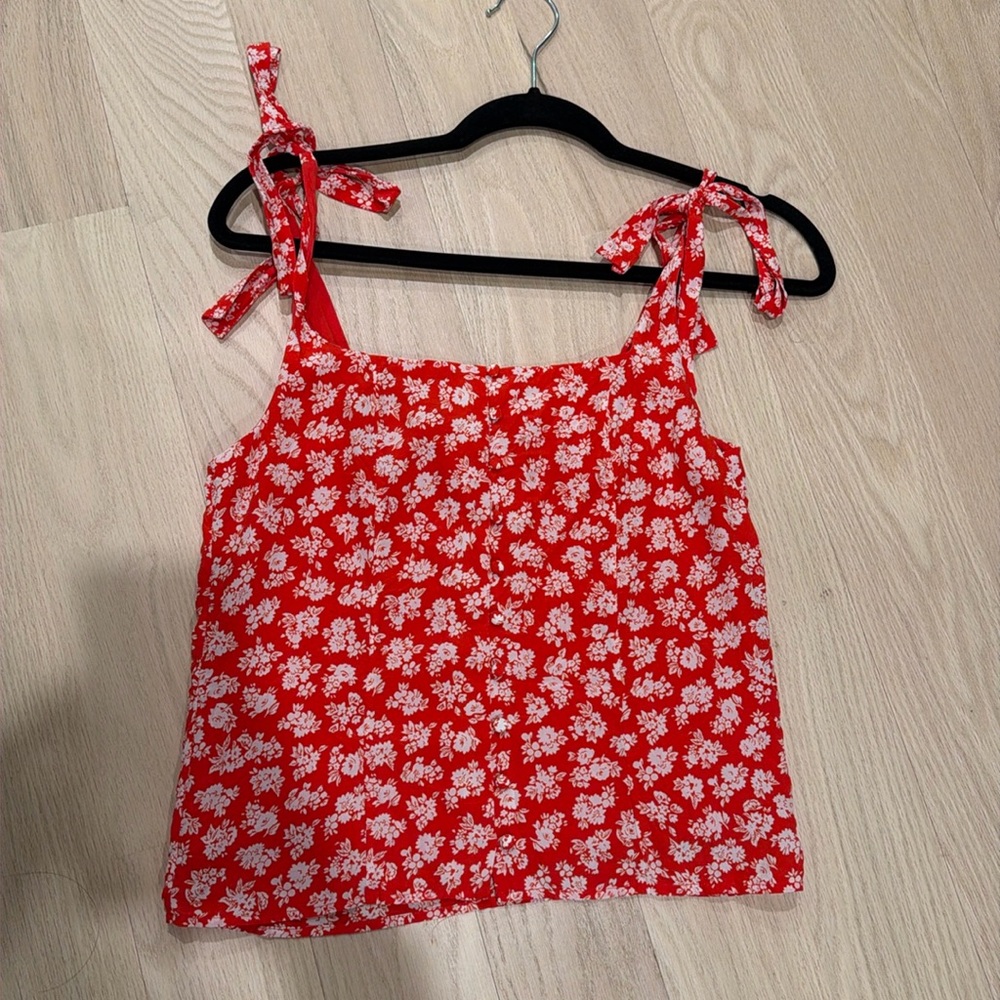 Sezane red floral silk camisole with ties at the shoulders